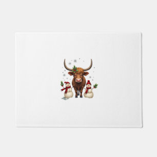 Vintage Christmas Highland Cow with Snowmen Red Pl Doormat
