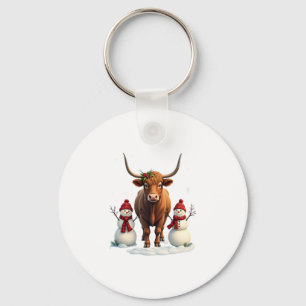 Vintage Christmas Highland Cow with Snowmen Red Pl Keychain