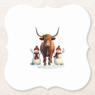 Vintage Christmas Highland Cow with Snowmen Red Pl Paper Coaster