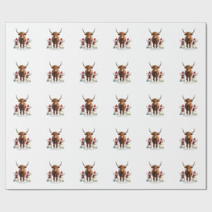 Vintage Christmas Highland Cow with Snowmen Red Pl Wrapping Paper