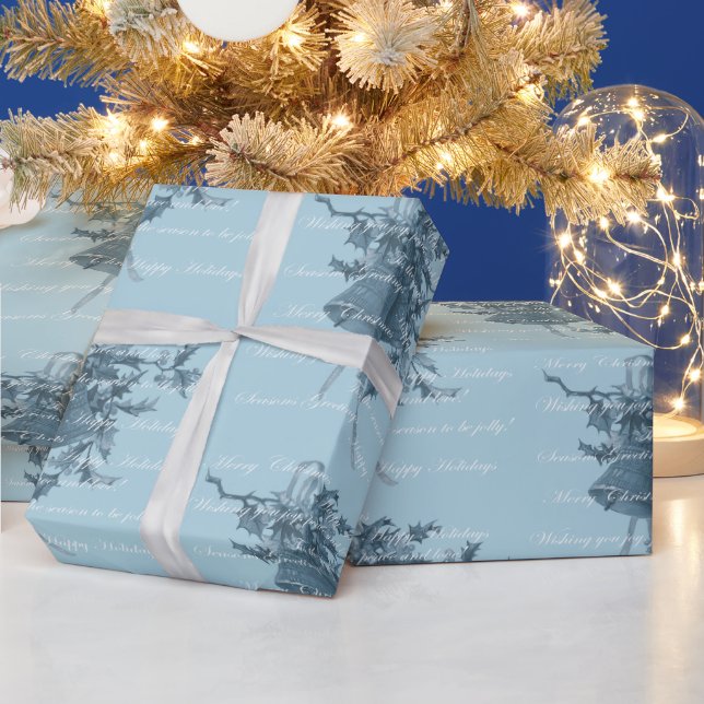 Vintage Christmas holiday bells blue neutral Wrapping Paper (Holidays)