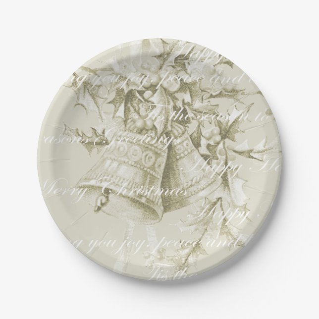 Vintage Christmas holiday bells neutral Paper Plate (Front)