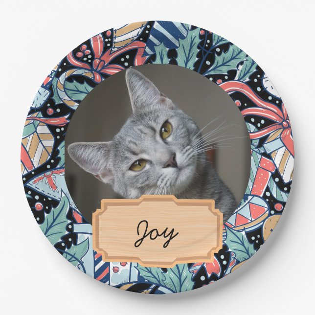 vintage christmas holiday Custom cat Photo  Paper Plate (Front)