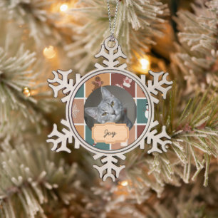 vintage christmas holiday Custom cat Photo  Snowflake Pewter Christmas Ornament