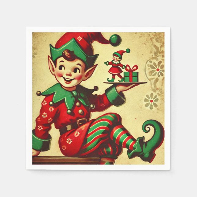Vintage Christmas Holiday Elves Santa Cookie Napkin (Front)