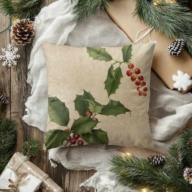 Vintage Christmas Holiday Holly Leaf Leaves Throw Pillow (Creator Uploaded)
