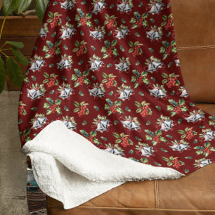 Vintage Christmas Holiday Silver Bells and Holly Sherpa Blanket