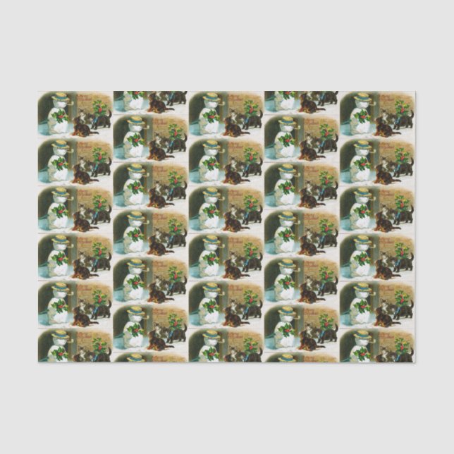 Vintage Christmas Holiday snowman cats party Tissue Paper (Front)