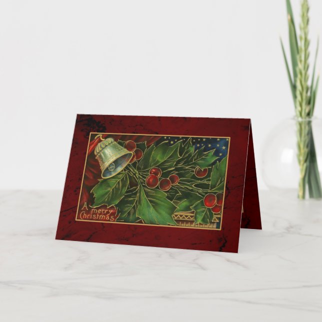 Vintage Christmas Holly and Bell Holiday Card (Front)