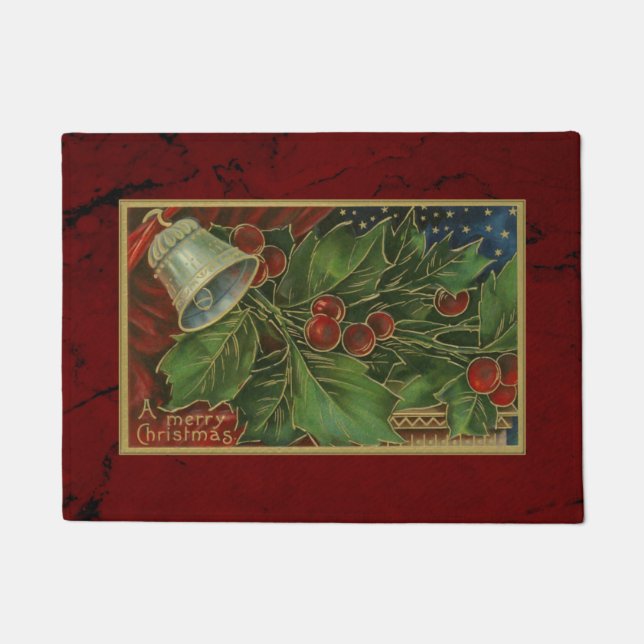 Vintage Christmas Holly and Silver Bells Doormat (Front)