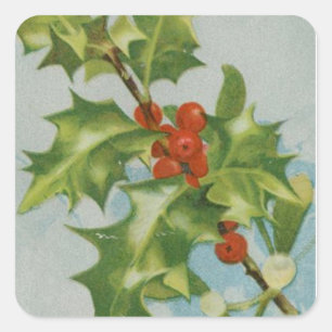 Vintage Christmas Holly Artwork Square Sticker