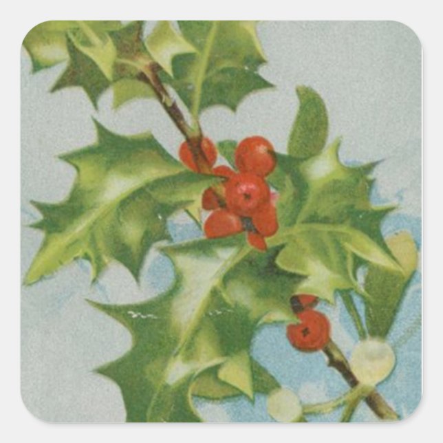 Vintage Christmas Holly Artwork Square Sticker (Front)