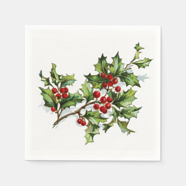 Vintage Christmas Holly Berries Paper Napkins (Front)