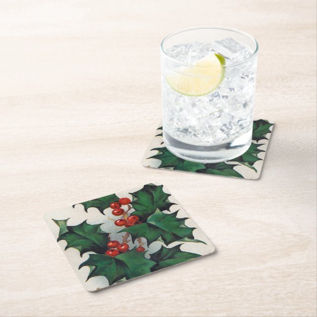 Vintage Christmas holly berries party Square Paper Coaster (Insitu)