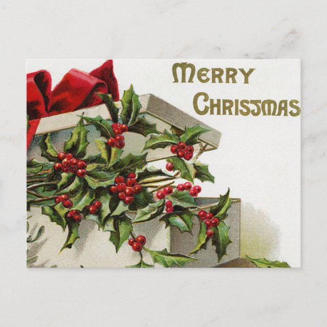 Vintage Christmas holly berry box postcard (Front)