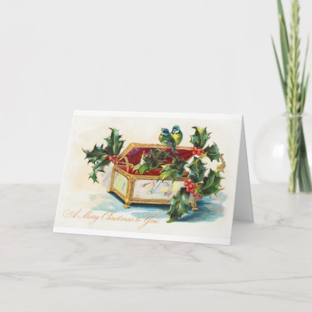 Vintage Christmas Holly & birds Holiday Card (Front)