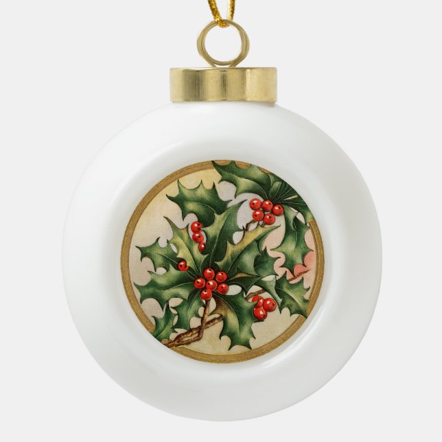 Vintage Christmas Holly Ceramic Ball Christmas Ornament (Front)