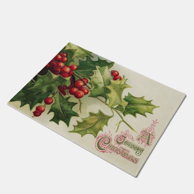 Vintage Christmas holly Holiday doormat (Angled)