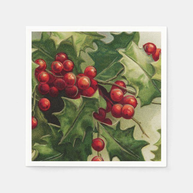 Vintage Christmas Holly Holiday party napkins (Front)