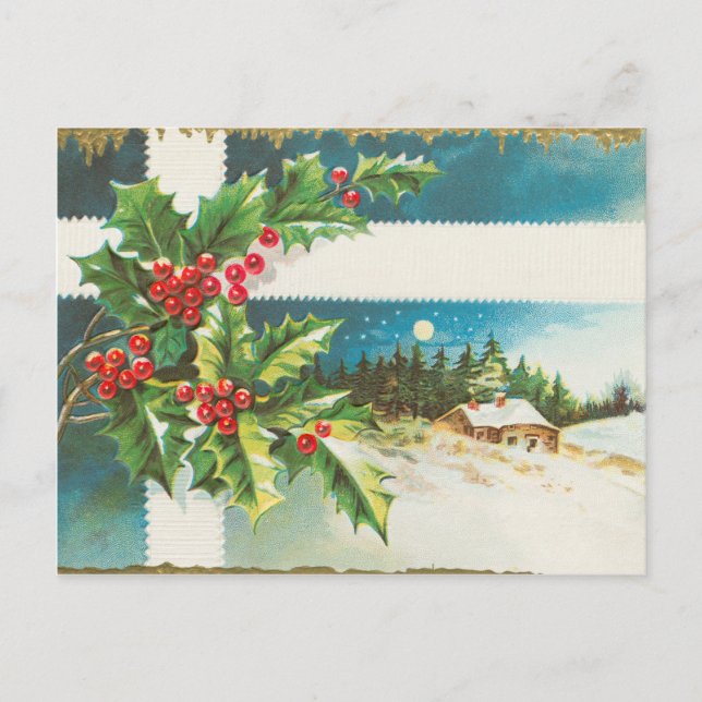 Vintage Christmas Holly Mistletoe Holiday Postcard (Front)