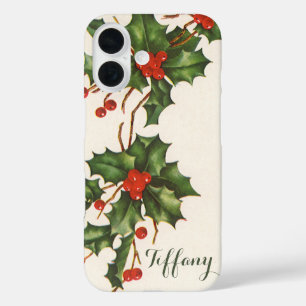 Vintage Christmas, Holly Plant with Red Berries iPhone 16 Case