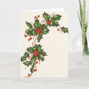 Vintage Christmas, Holly Plant with Red Berries Holiday Card