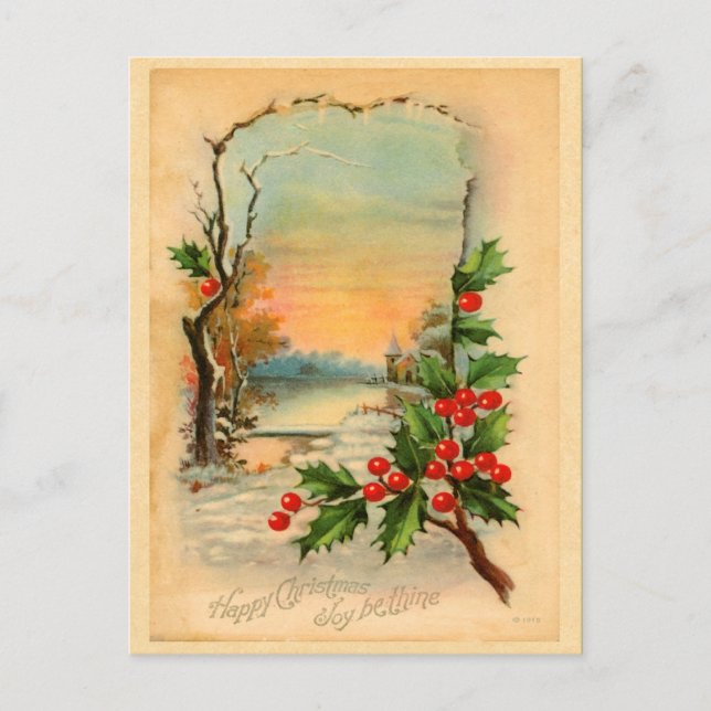 Vintage Christmas Holly Postcard (Front)