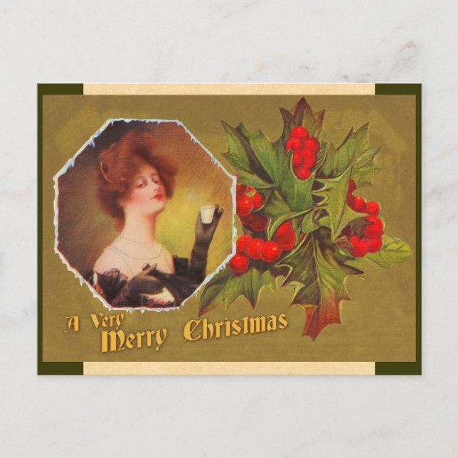 Vintage Christmas Holly Postcard (Front)