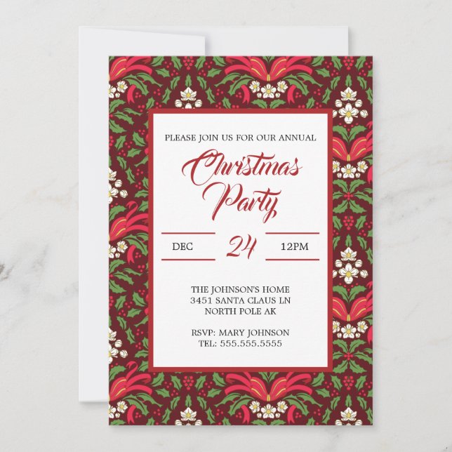 Vintage Christmas Holly, Red Berries & Red Bow Invitation (Front)
