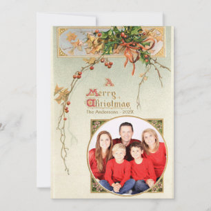 Vintage Christmas Holly Round Family Photo Holiday Card
