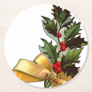 Vintage Christmas Holly Round Paper Coaster
