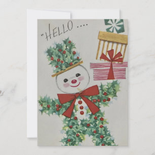 Vintage Christmas Holly Snowman Holiday Card