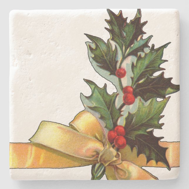 Vintage Christmas Holly Stone Coaster (Front)
