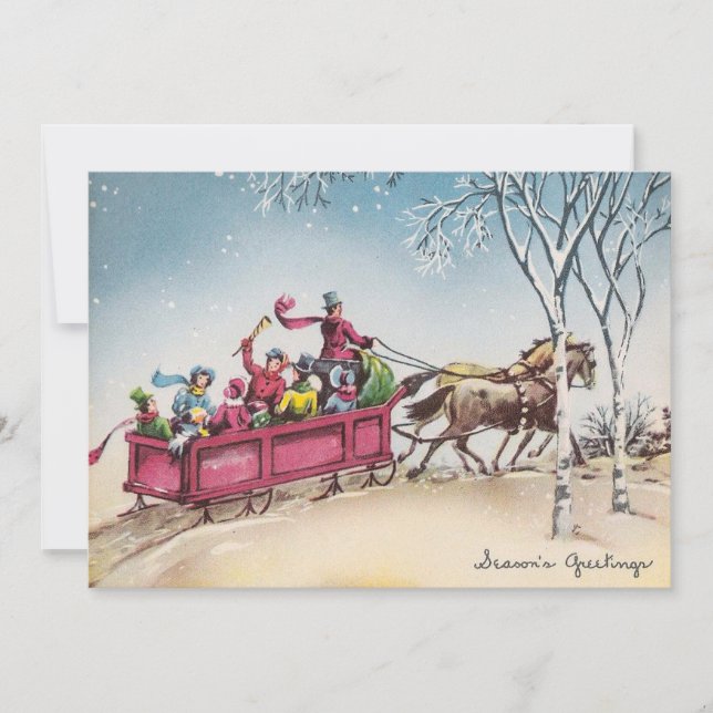 Vintage Christmas Horses Pulling Sleigh Holiday Card (Front)