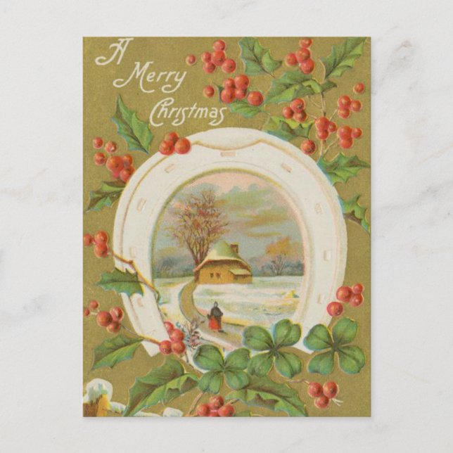 Vintage Christmas Horseshoe and Holly Holiday Postcard (Front)