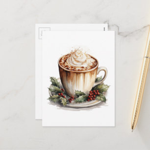 Vintage Christmas Hot Cocoa Watercolor Holiday Postcard