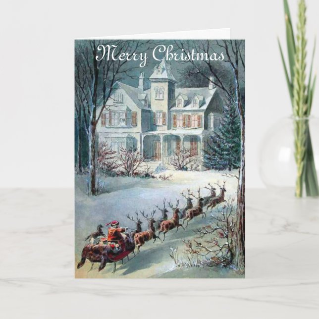 Vintage Christmas House And Santa Sleigh Holiday Card (Front)