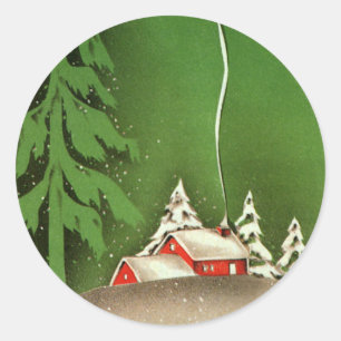 Vintage Christmas, House in Forest Winter Snow Classic Round Sticker