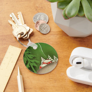 Vintage Christmas, House in Forest Winter Snow Keychain