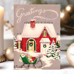 Vintage Christmas House In Snow Greetings Holiday Card<br><div class="desc">Vintage Christmas House In Snow Greetings Holiday Card. This design features a vintage cottage house in the snow. What a beautiful retro holiday scene. Personalize this custom design with your own inside greeting.</div>