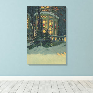 Vintage Christmas, House with Wreaths in Windows Canvas Print