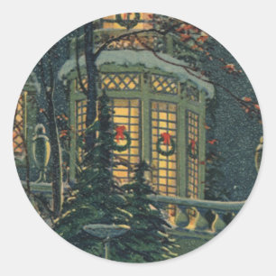 Vintage Christmas, House with Wreaths in Windows Classic Round Sticker