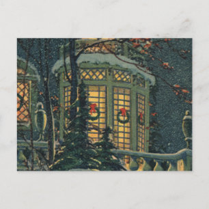 Vintage Christmas, House with Wreaths in Windows Holiday Postcard