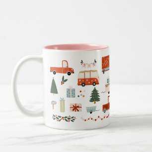 Vintage Christmas Illustration Red Trucks Mug