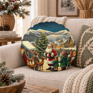 Vintage Christmas Illustration Round Pillow