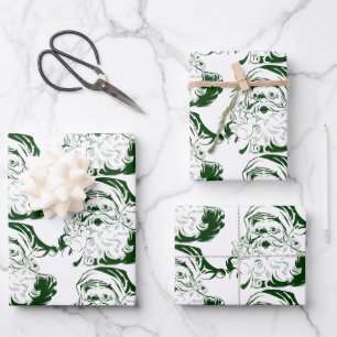 Vintage Christmas, Jolly Santa Claus in Green Wrapping Paper Sheet