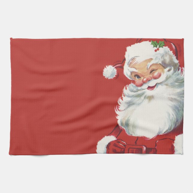 Vintage Christmas, Jolly Santa Claus Winking Kitchen Towel (Horizontal)