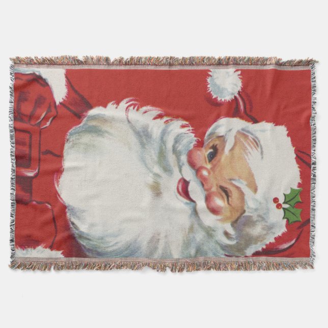 Vintage Christmas, Jolly Santa Claus Winking Throw Blanket (Front)