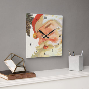 Vintage Christmas, Jolly Santa Claus with a Secret Square Wall Clock