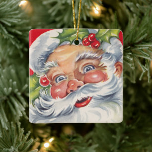 Vintage Christmas, Jolly Santa Claus with His Hat Ceramic Ornament